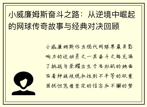 小威廉姆斯奋斗之路：从逆境中崛起的网球传奇故事与经典对决回顾