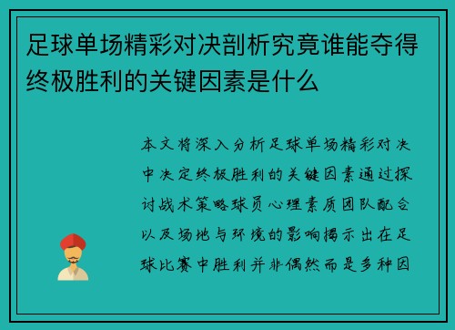 足球单场精彩对决剖析究竟谁能夺得终极胜利的关键因素是什么
